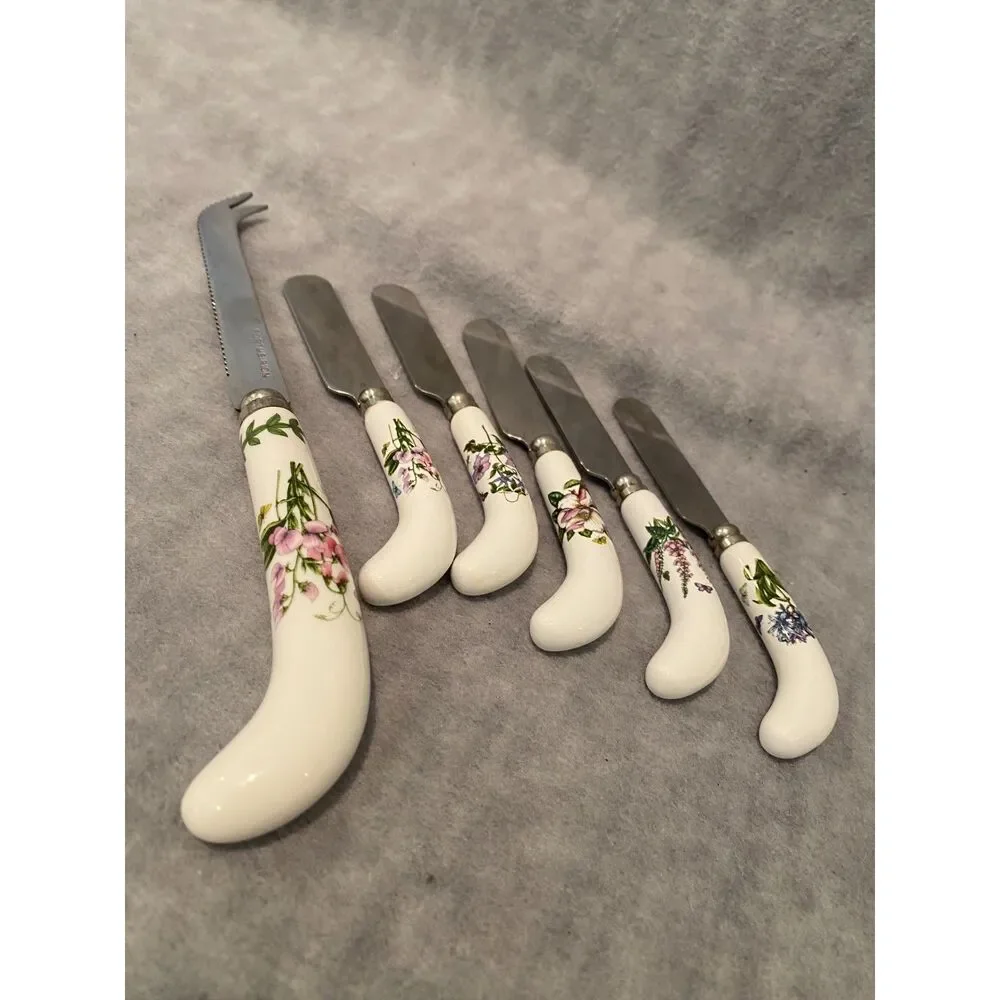 Portmeirion Botanic Garden Cheese Knife and 5 Spreaders Flowers‎ Ceramic